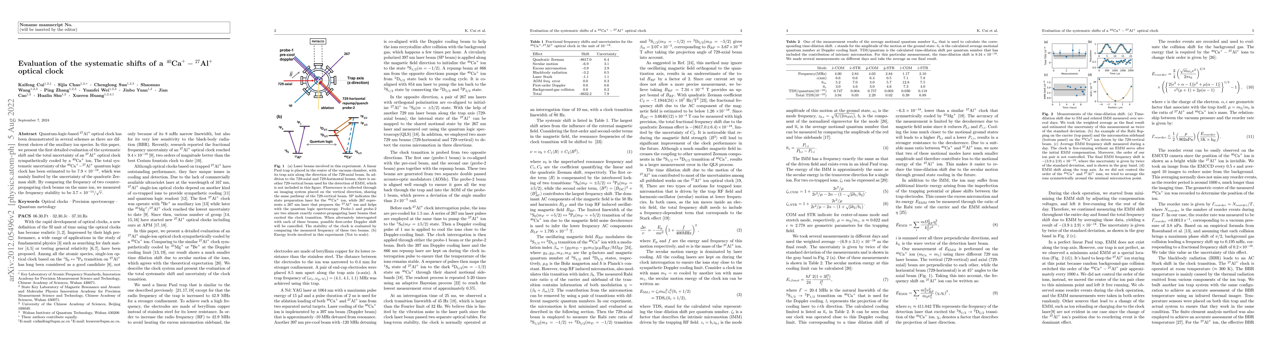 Thumbnail for Evaluation of the systematic shifts of a
  ${}^{40}\textrm{Ca}^+-{}^{27}\textrm{Al}^+$ optical clock