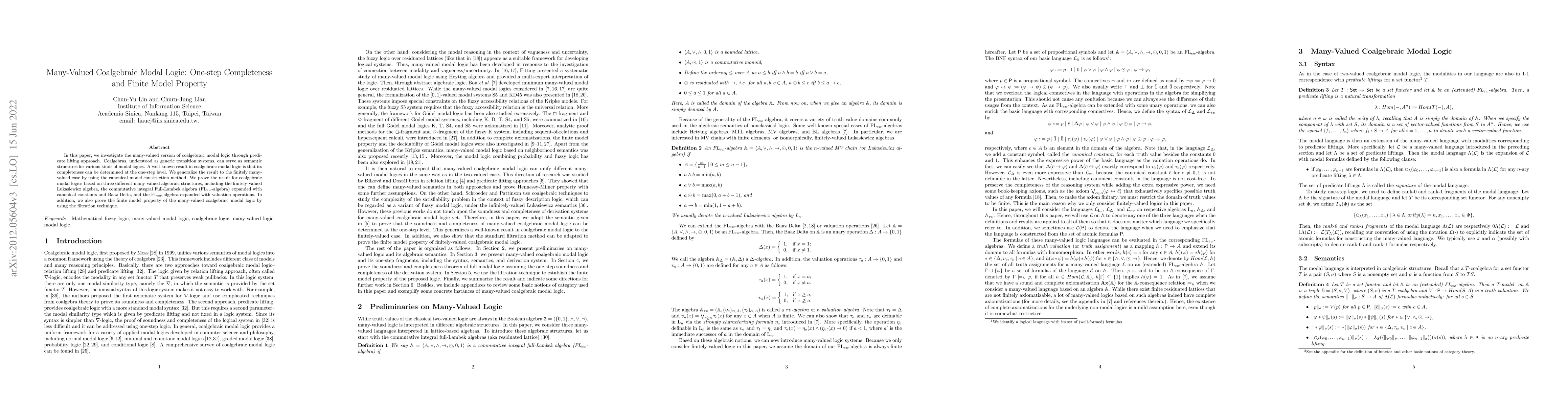 Thumbnail for Many-Valued Coalgebraic Modal Logic: One-step Completeness and Finite
  Model Property