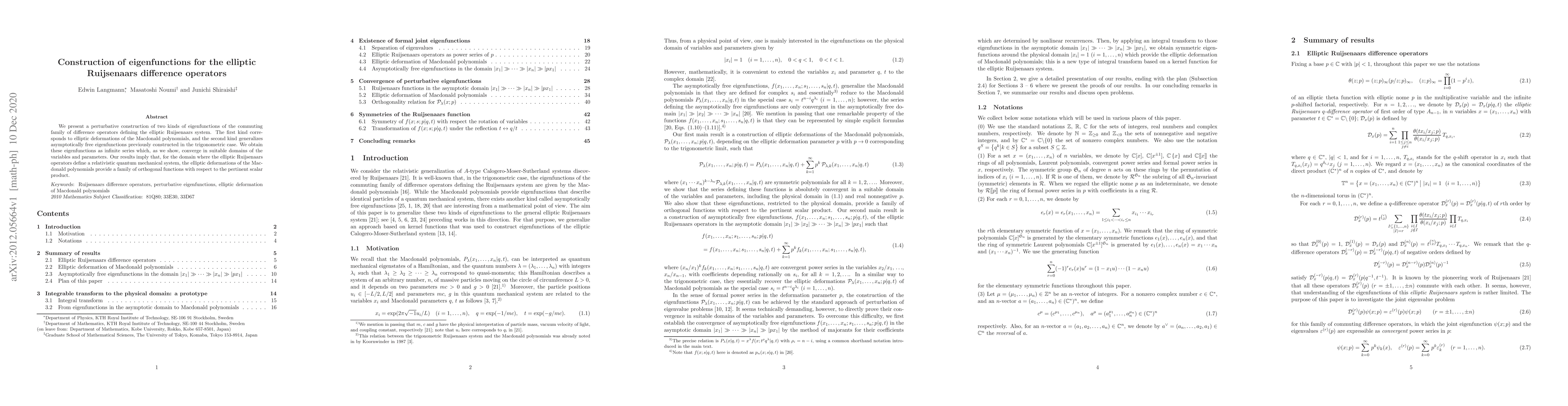 Thumbnail for Construction of eigenfunctions for the elliptic Ruijsenaars difference
  operators