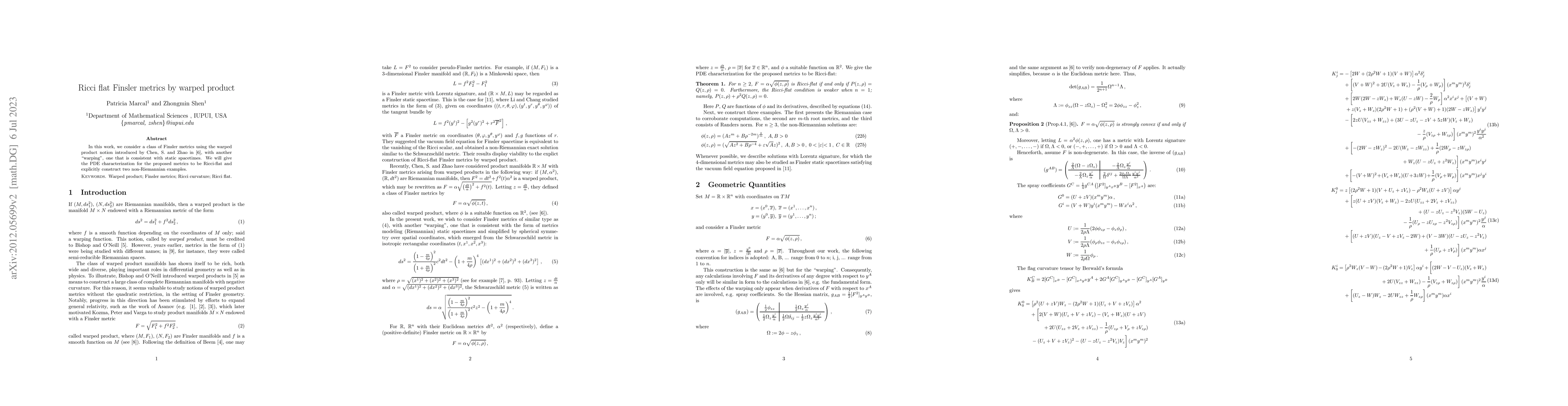 Thumbnail for Ricci flat Finsler metrics by warped product