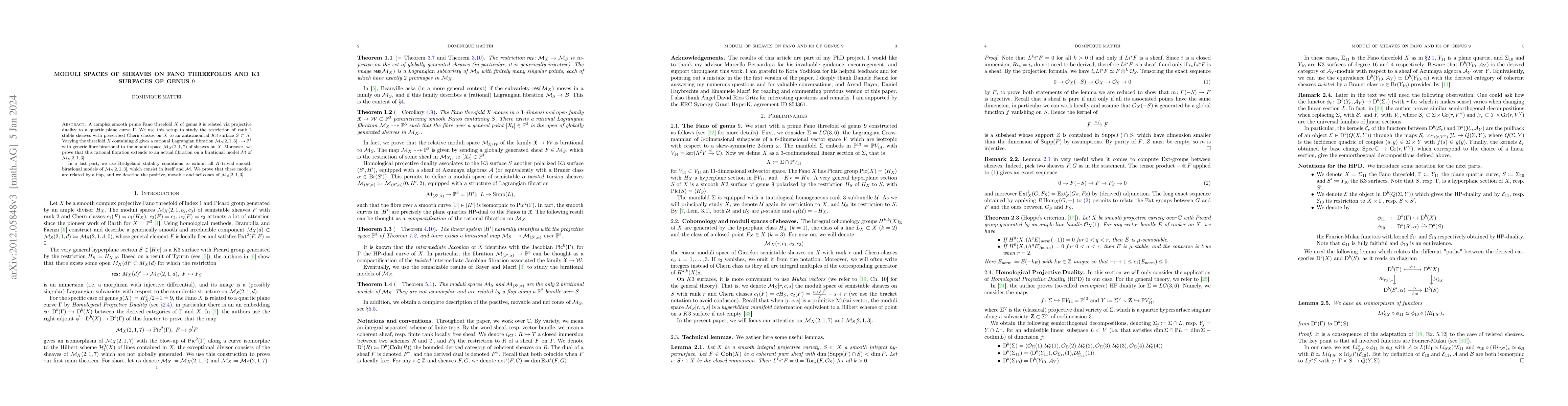 Thumbnail for Moduli spaces of sheaves on Fano threefolds and K3 surfaces of genus 9