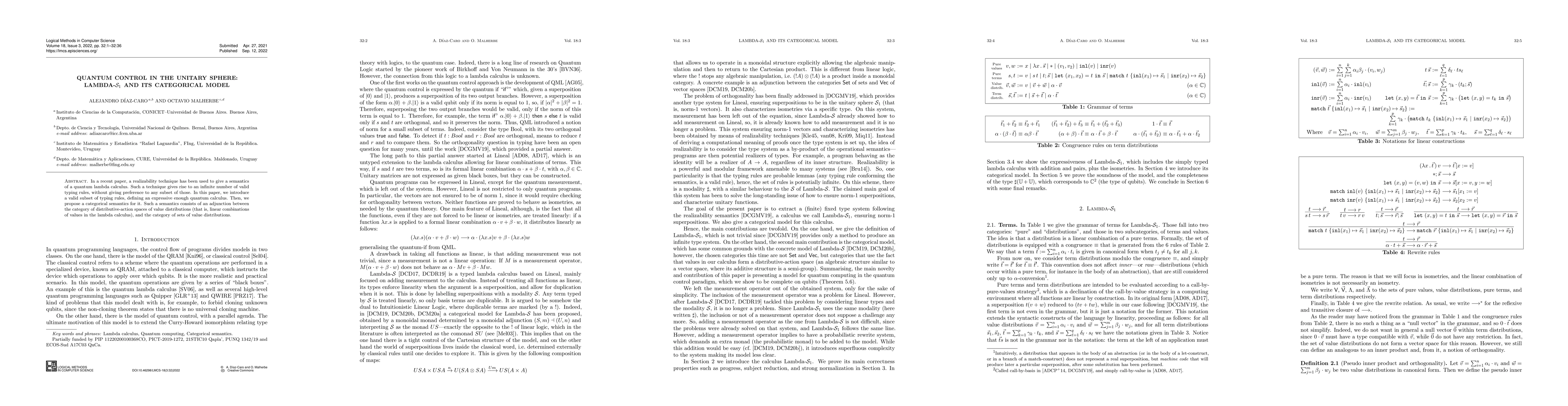 Thumbnail for Quantum Control in the Unitary Sphere: Lambda-S1 and its Categorical
  Model