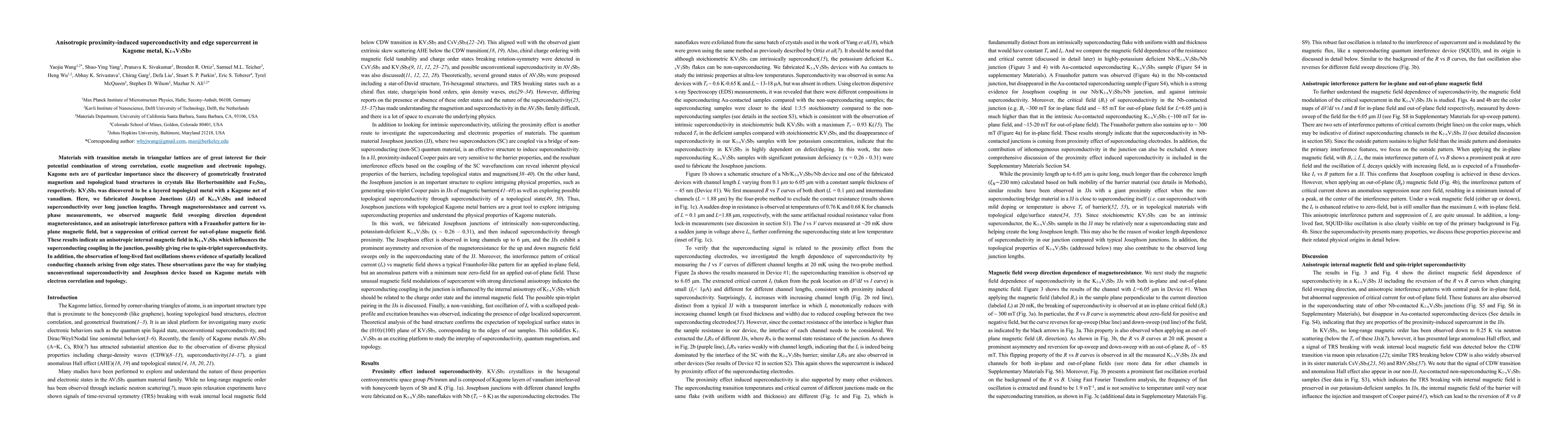 Thumbnail for Anisotropic proximity-induced superconductivity and edge supercurrent in
  Kagome metal, K1-xV3Sb5