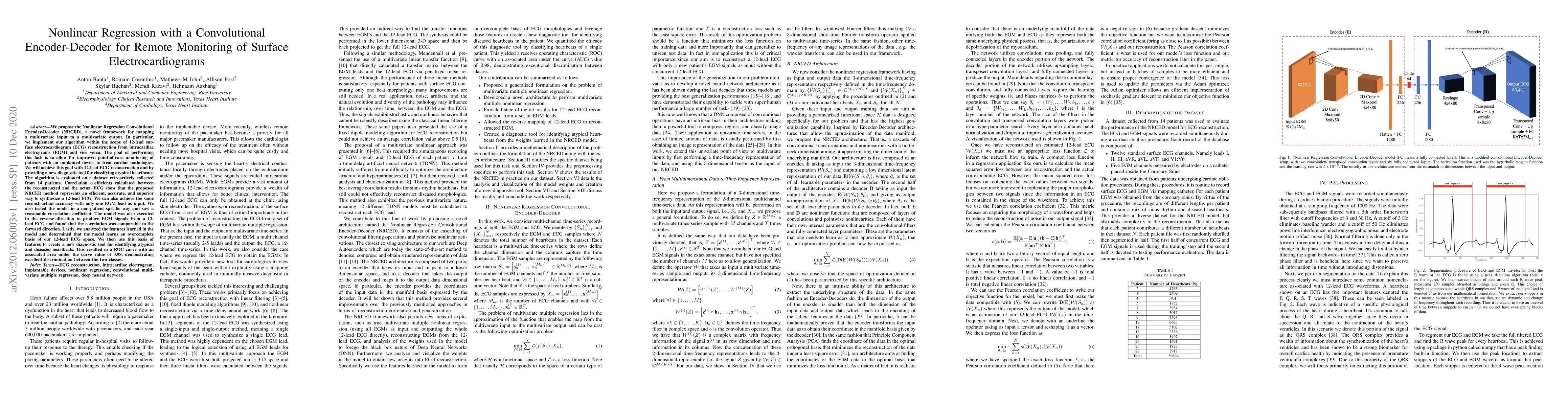 Thumbnail for Nonlinear Regression with a Convolutional Encoder-Decoder for Remote
  Monitoring of Surface Electrocardiograms