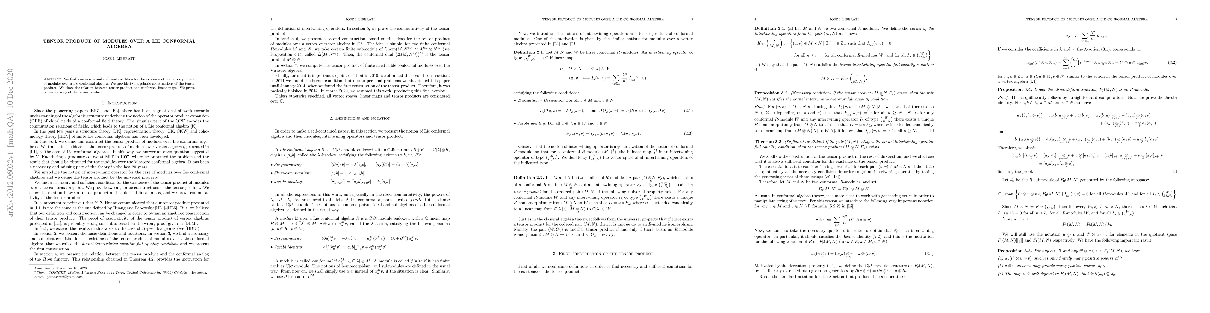 Thumbnail for Tensor product of modules over a Lie conformal algebra