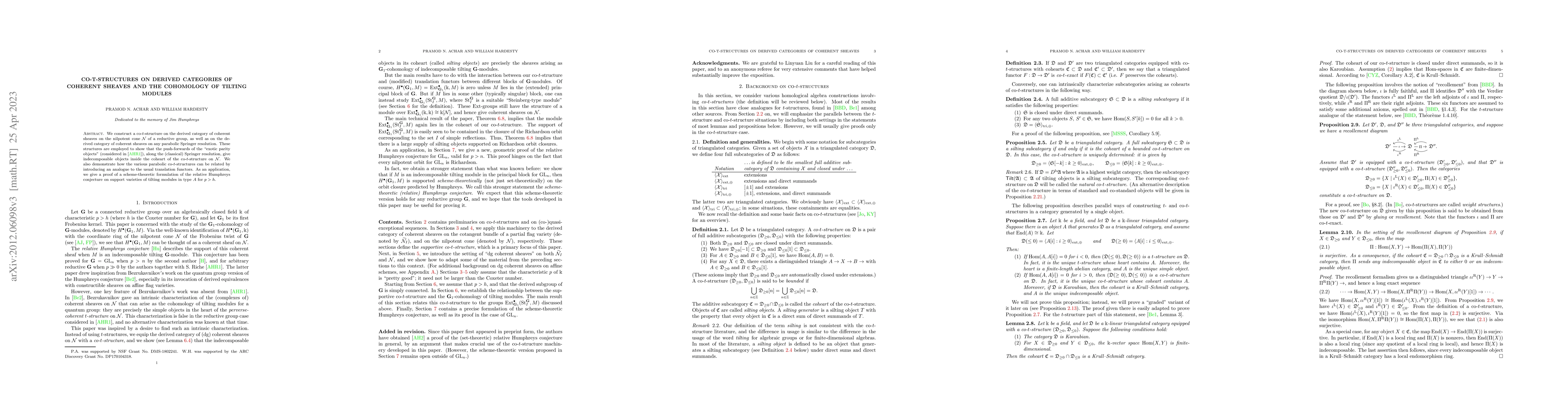 Thumbnail for Co-$t$-structures on derived categories of coherent sheaves and the
  cohomology of tilting modules