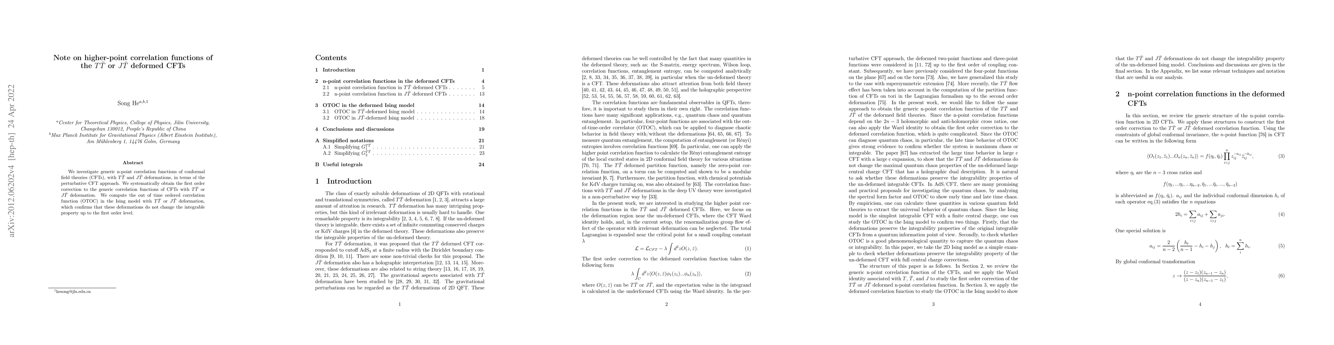 Thumbnail for Note on higher-point correlation functions of the $T\bar{T}$ or
  $J\bar{T}$ deformed CFTs