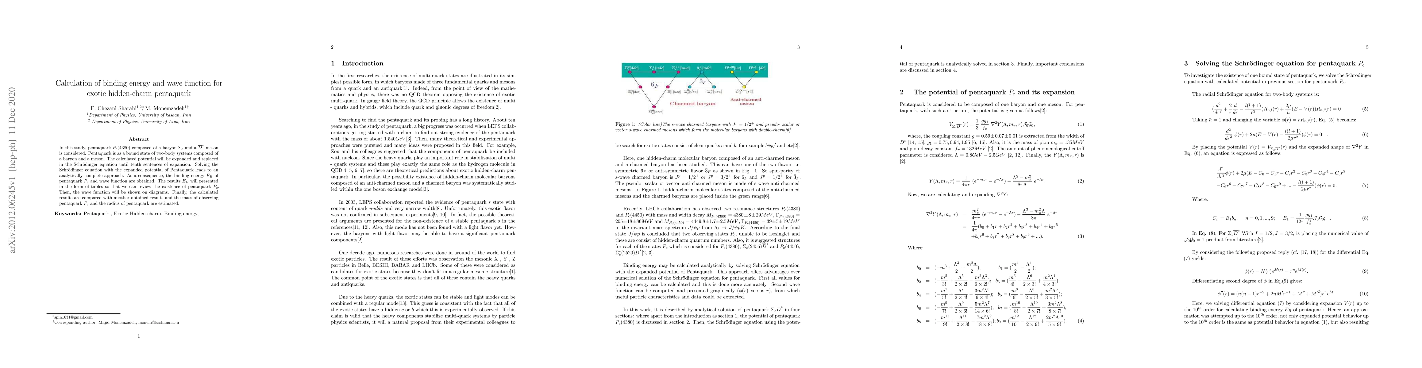 Thumbnail for Calculation of binding energy and wave function for exotic hidden-charm
  pentaquark