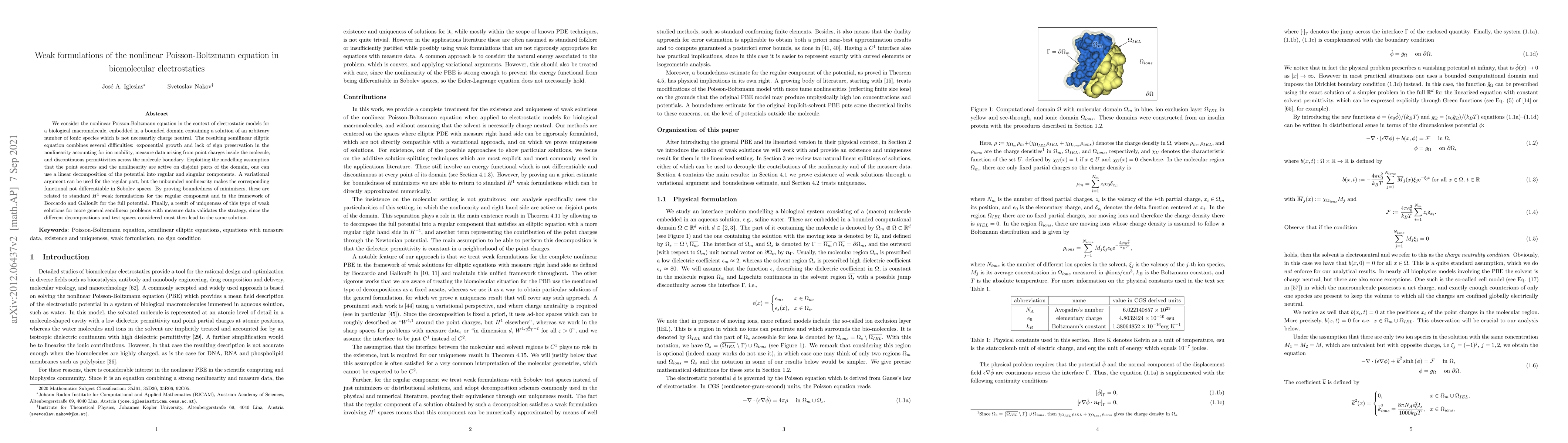 Thumbnail for Weak formulations of the nonlinear Poisson-Boltzmann equation in
  biomolecular electrostatics