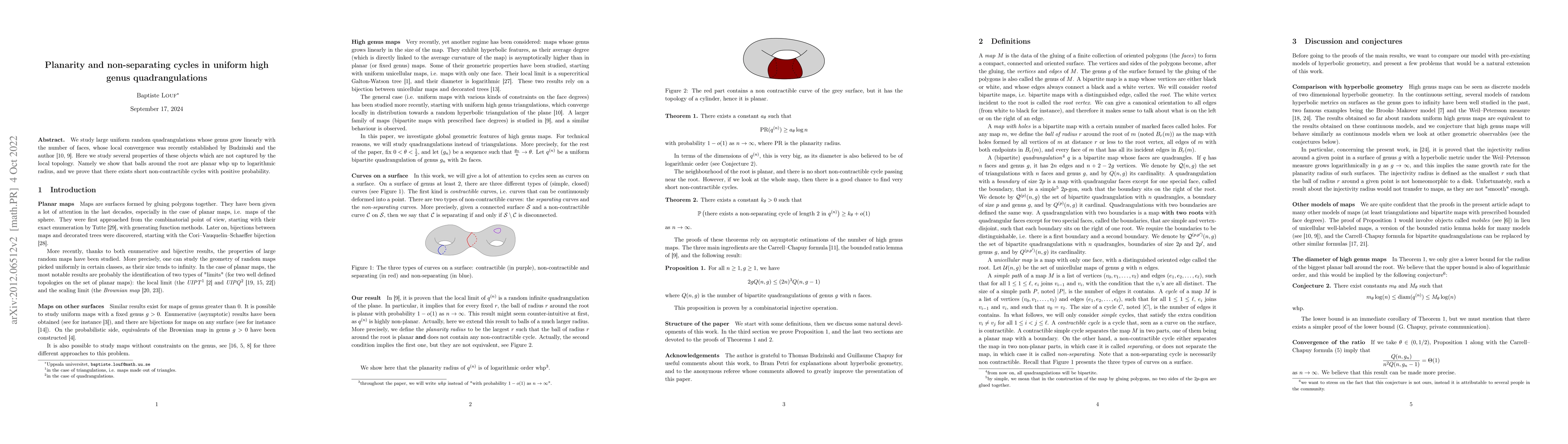 Thumbnail for Planarity and non-separating cycles in uniform high genus
  quadrangulations