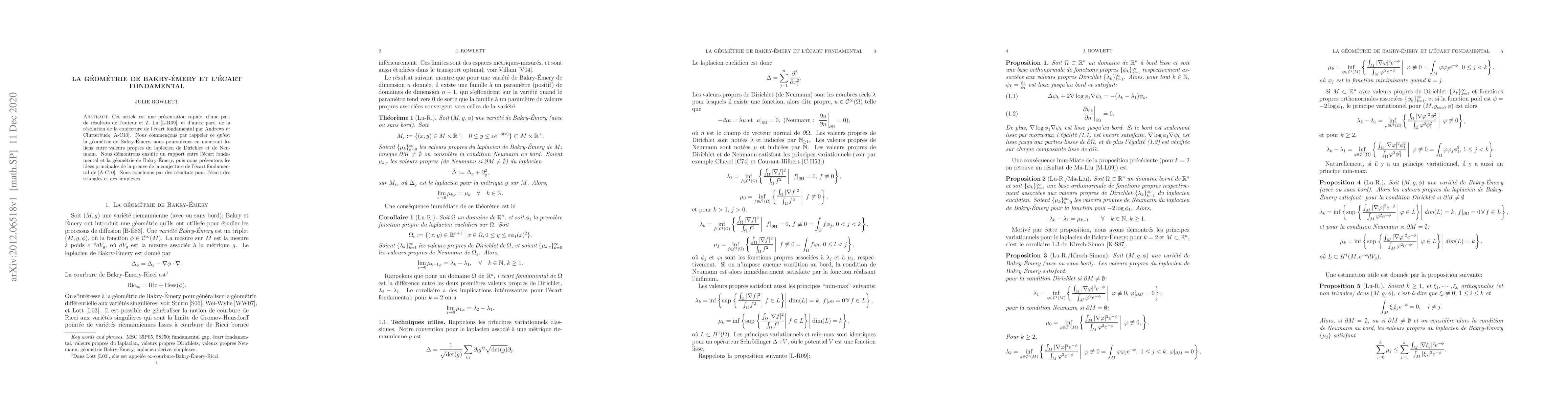 Thumbnail for La g\'eom\'etrie de Bakry-\'Emery et l'\'ecart fondamental