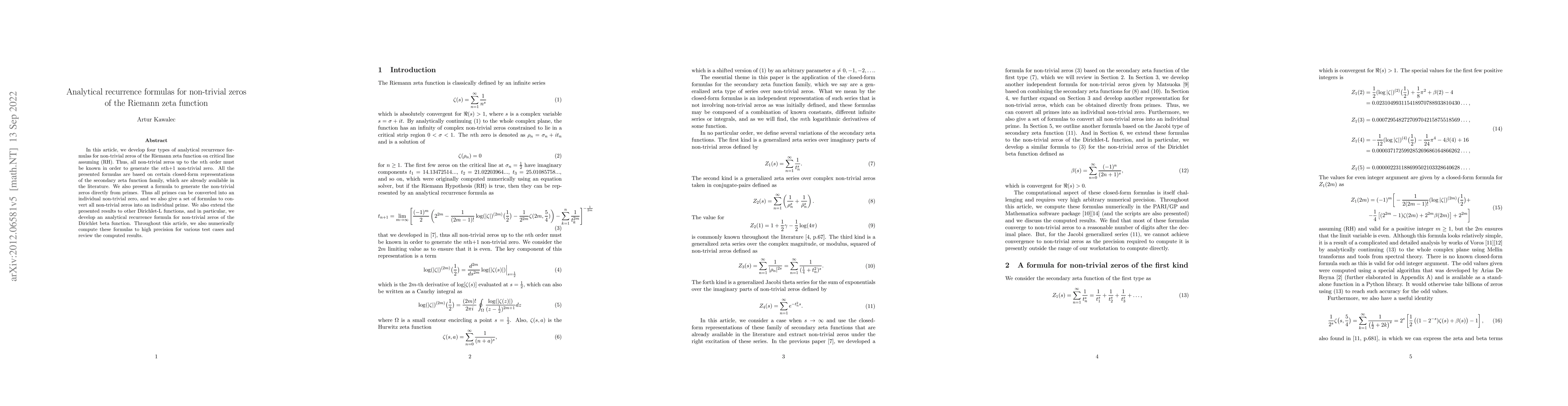 Thumbnail for Analytical recurrence formulas for non-trivial zeros of the Riemann zeta
  function