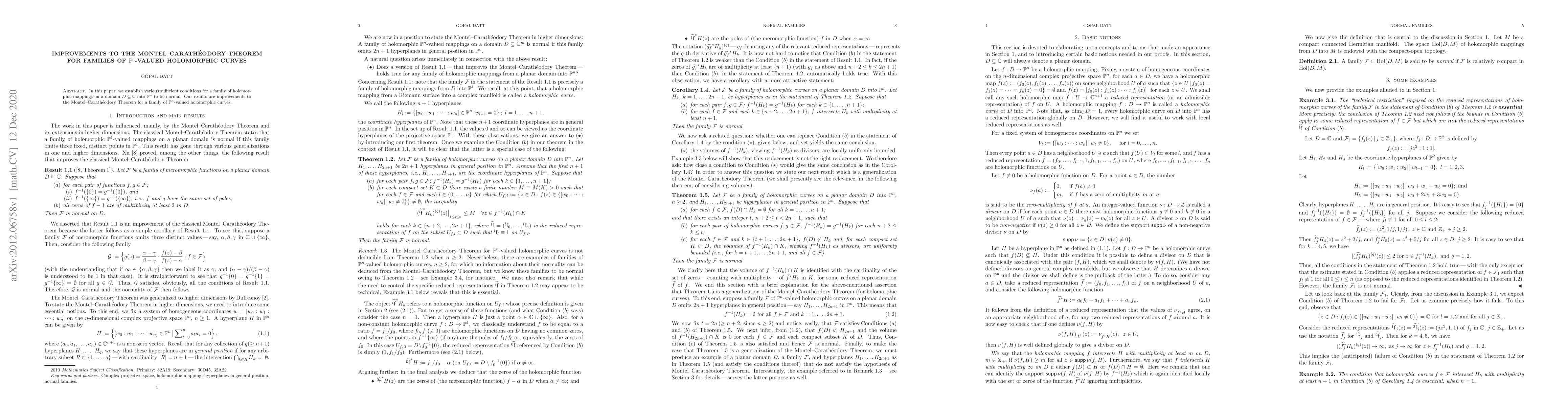 Thumbnail for Improvements to the Montel-Carath\'eodory Theorem for families of
  $\mathbb{P}^n$-valued holomorphic curves