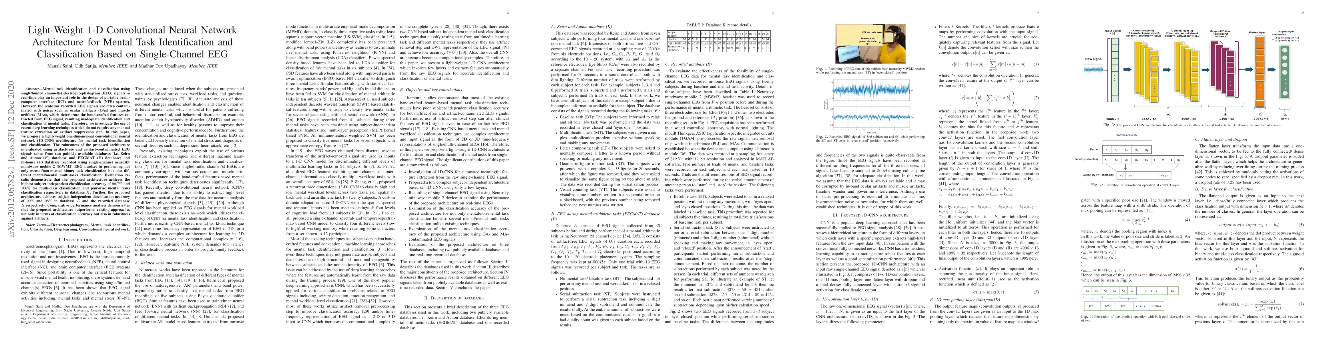 Thumbnail for Light-Weight 1-D Convolutional Neural Network Architecture for Mental
  Task Identification and Classification Based on Single-Channel EEG