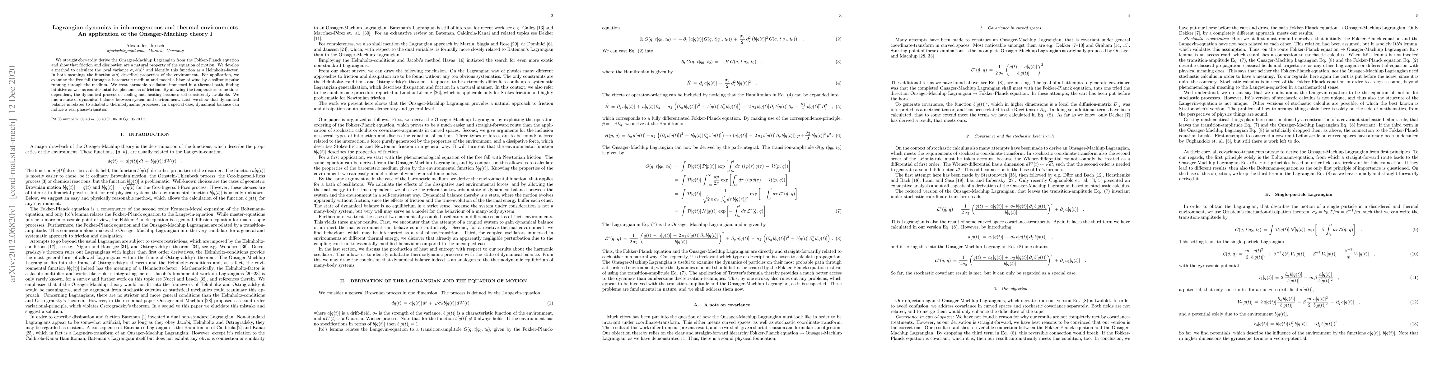 Thumbnail for Lagrangian dynamics in inhomogeneous and thermal environments, An
  application of the Onsager-Machlup theory I