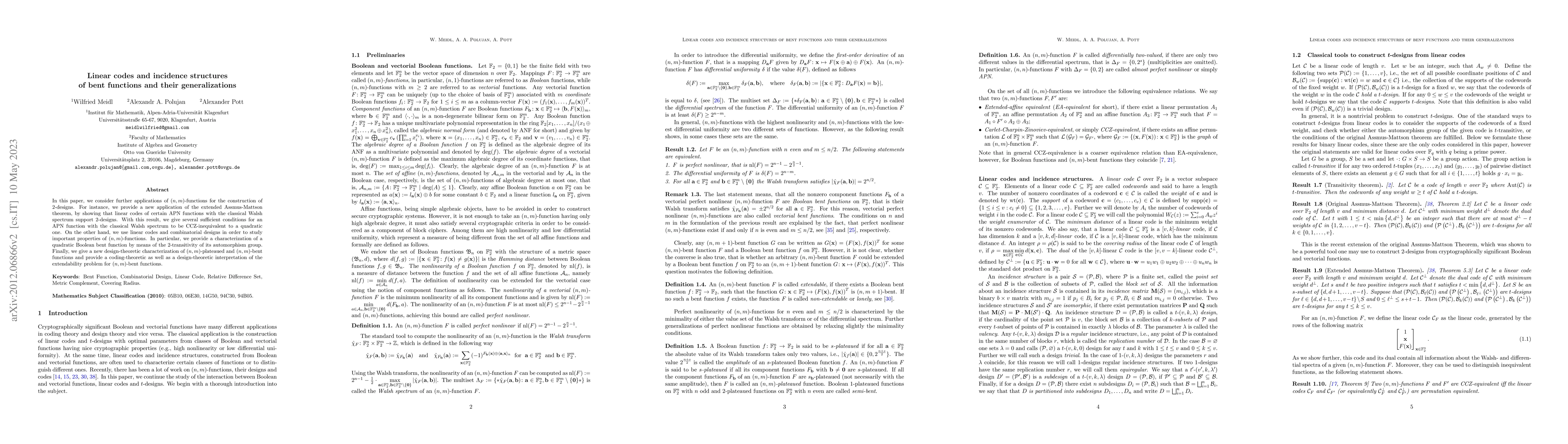 Thumbnail for Linear codes and incidence structures of bent functions and their
  generalizations