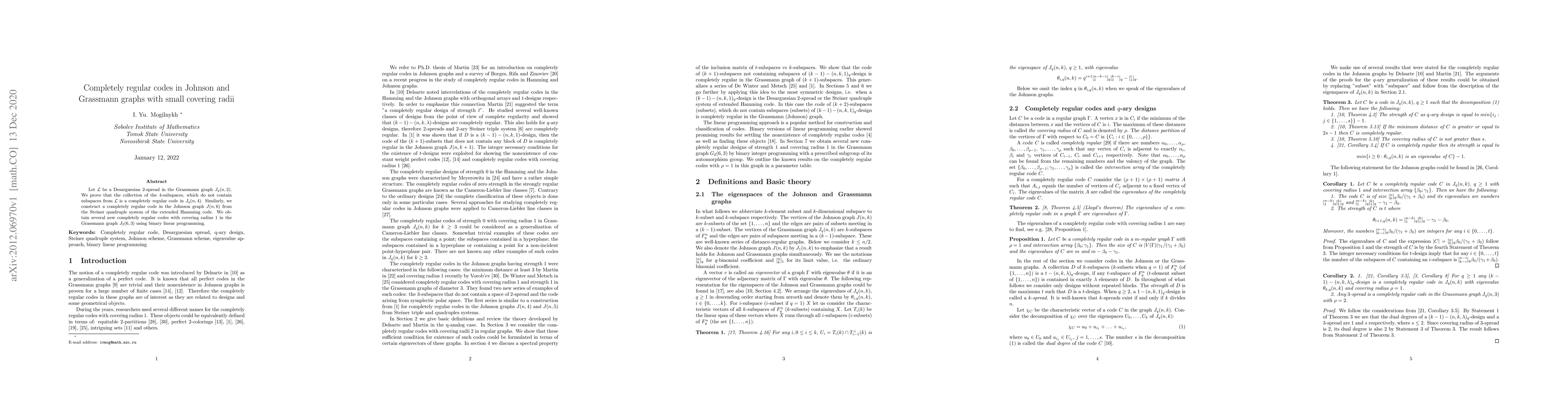 Thumbnail for Completely regular codes in Johnson and Grassmann graphs with small
  covering radii