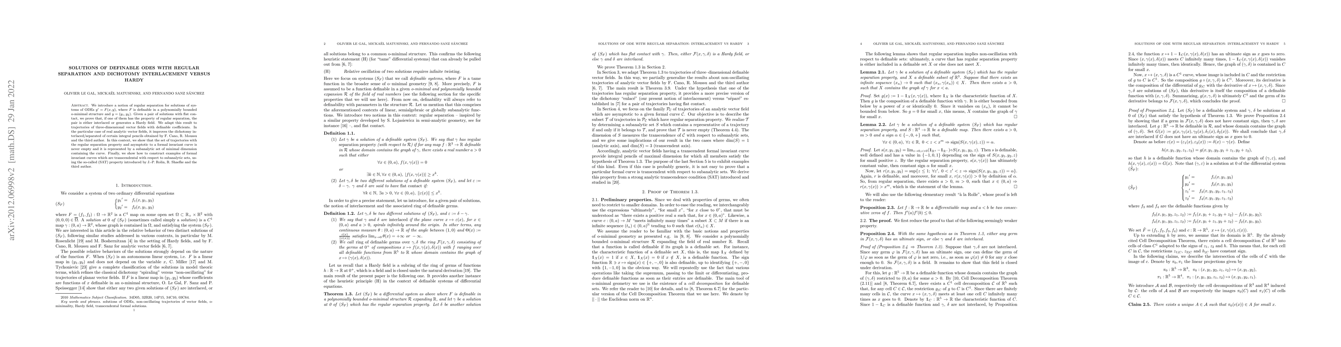 Thumbnail for Solutions of definable ODEs with regular separation and dichotomy
  interlacement versus Hardy