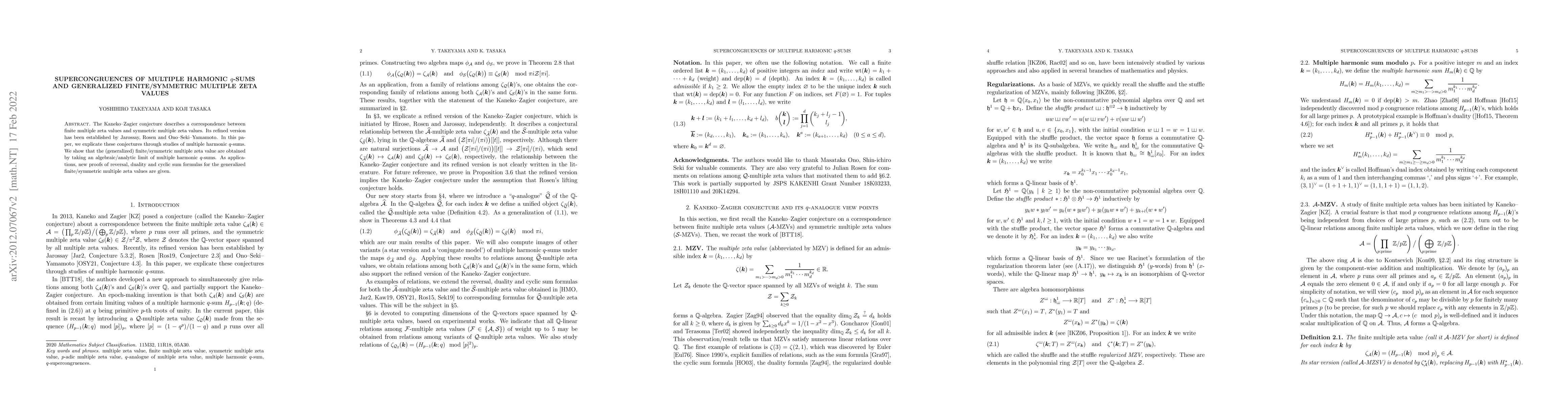Thumbnail for Supercongruences of multiple harmonic $q$-sums and generalized
  finite/symmetric multiple zeta values