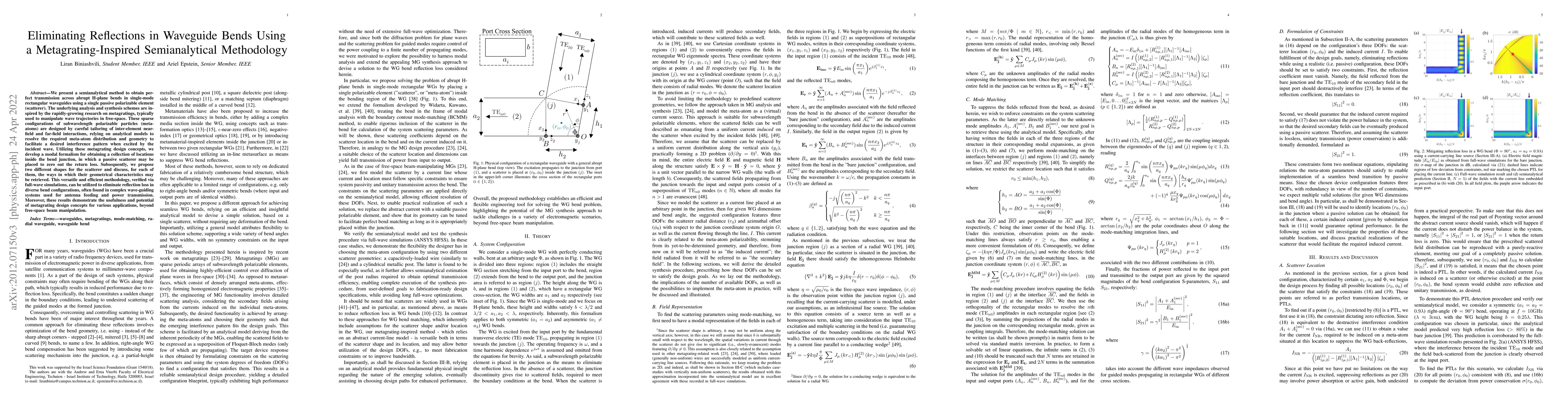 Thumbnail for Eliminating Reflections in Waveguide Bends Using a Metagrating-Inspired
  Semianalytical Methodology