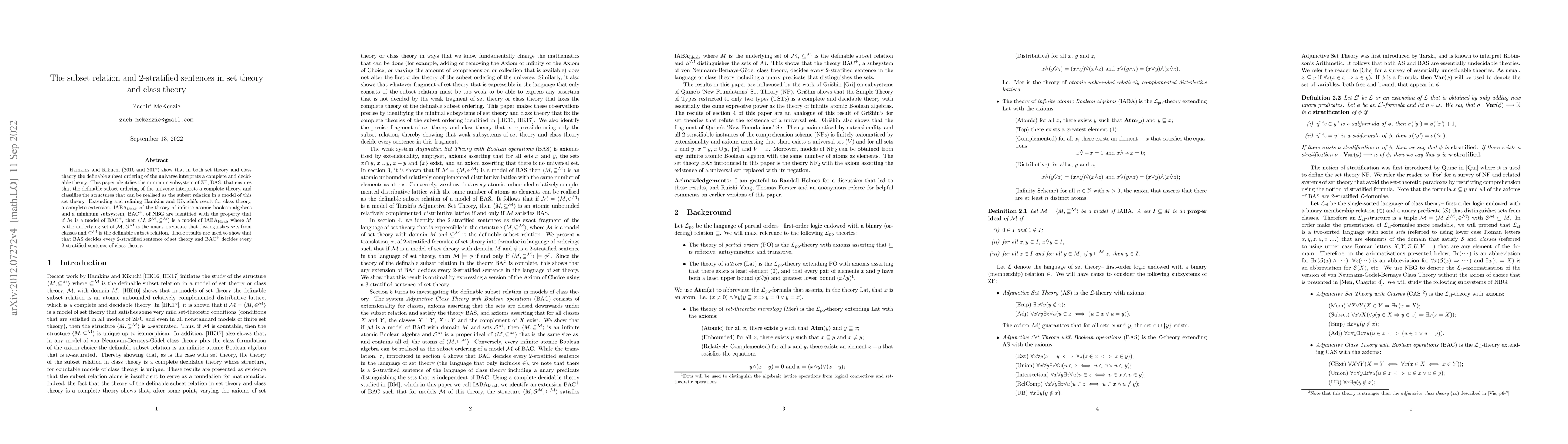 Thumbnail for The subset relation and $2$-stratified sentences in set theory and class
  theory