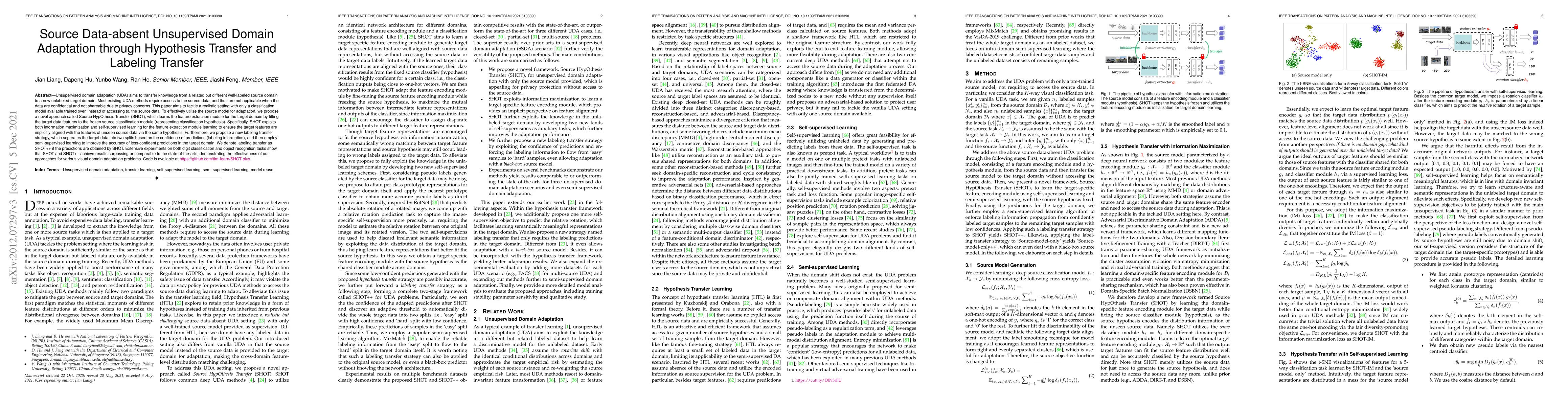 Thumbnail for Source Data-absent Unsupervised Domain Adaptation through Hypothesis
  Transfer and Labeling Transfer