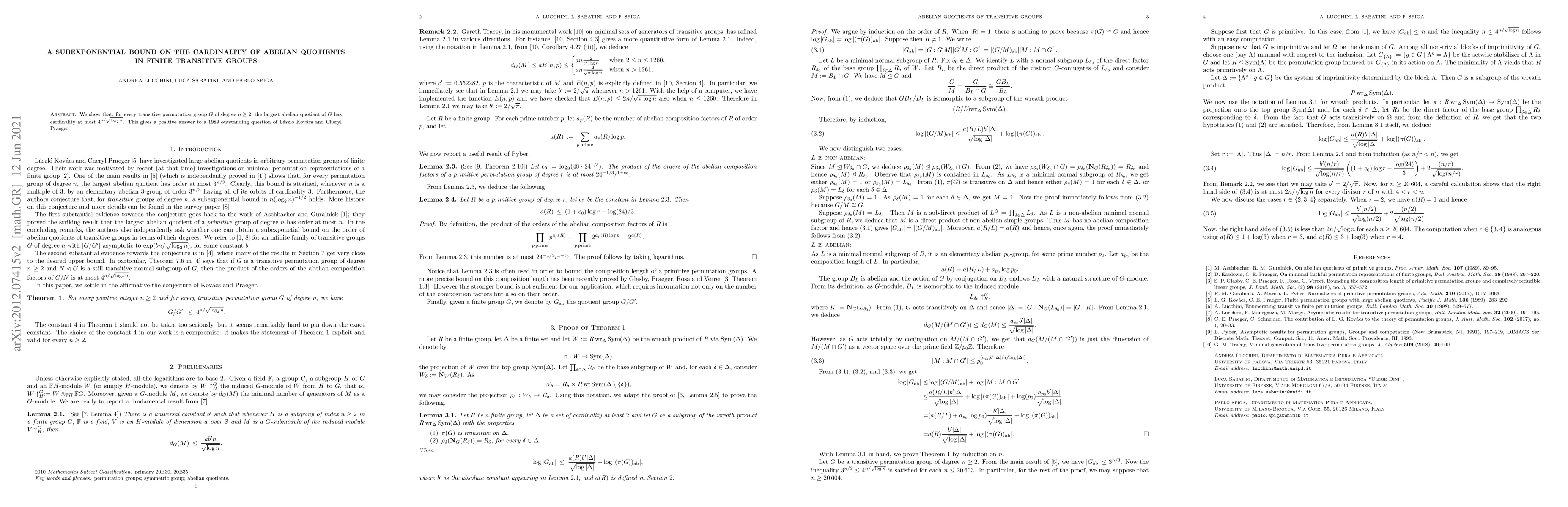 Thumbnail for A subexponential bound on the cardinality of abelian quotients in finite
  transitive groups