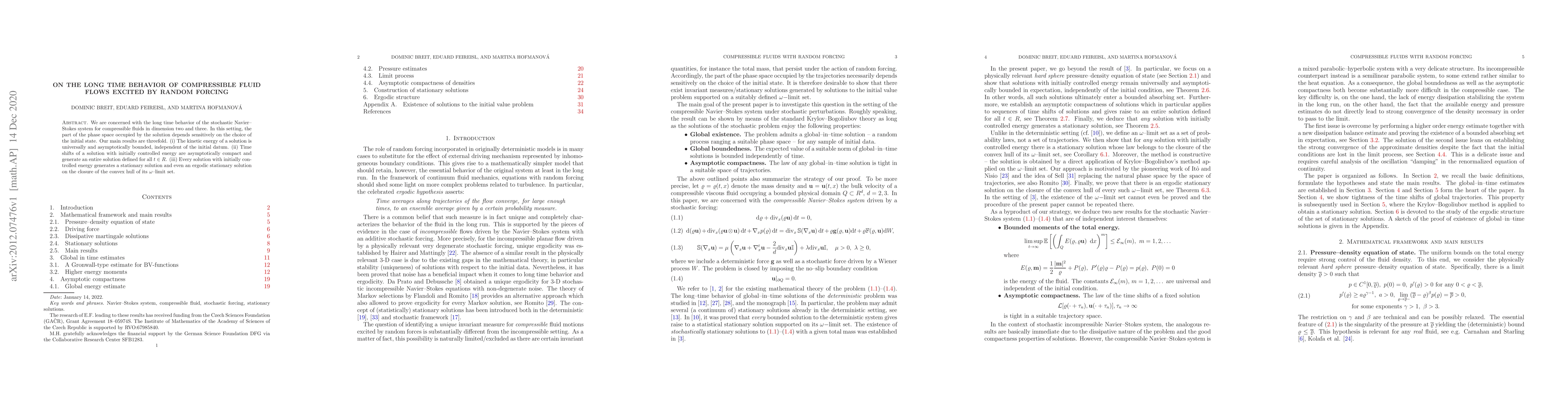 Thumbnail for On the long time behavior of compressible fluid flows excited by random
  forcing
