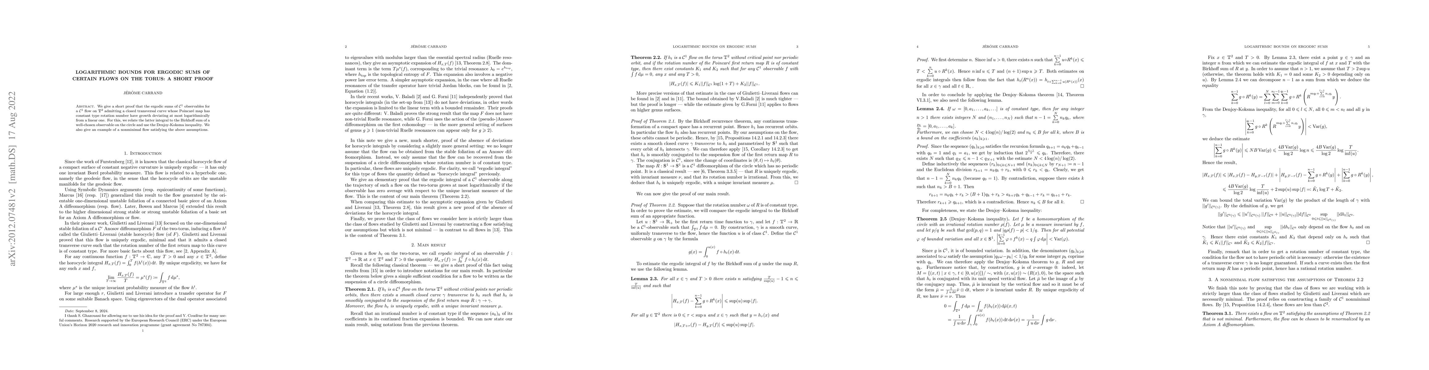 Thumbnail for Logarithmic bounds for ergodic sums of certain flows on the torus: a
  short proof