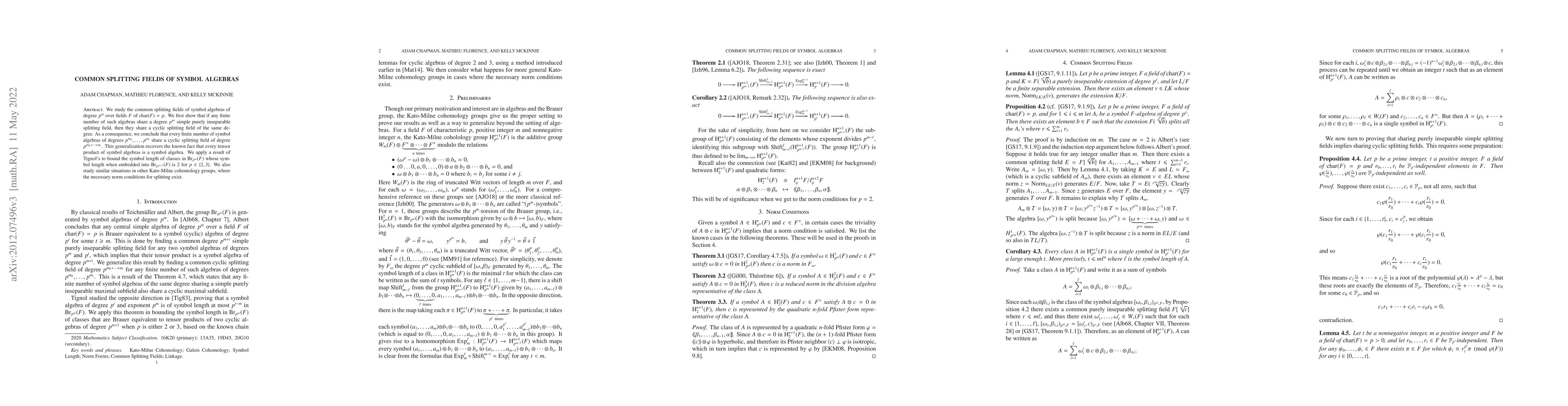 Thumbnail for Common Splitting Fields of Symbol Algebras