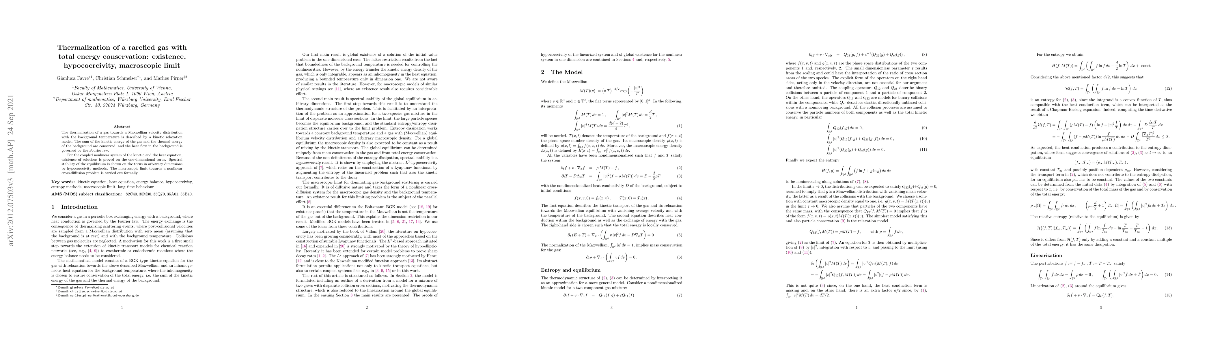 Thumbnail for Thermalization of a rarefied gas with total energy conservation:
  existence, hypocoercivity, macroscopic limit