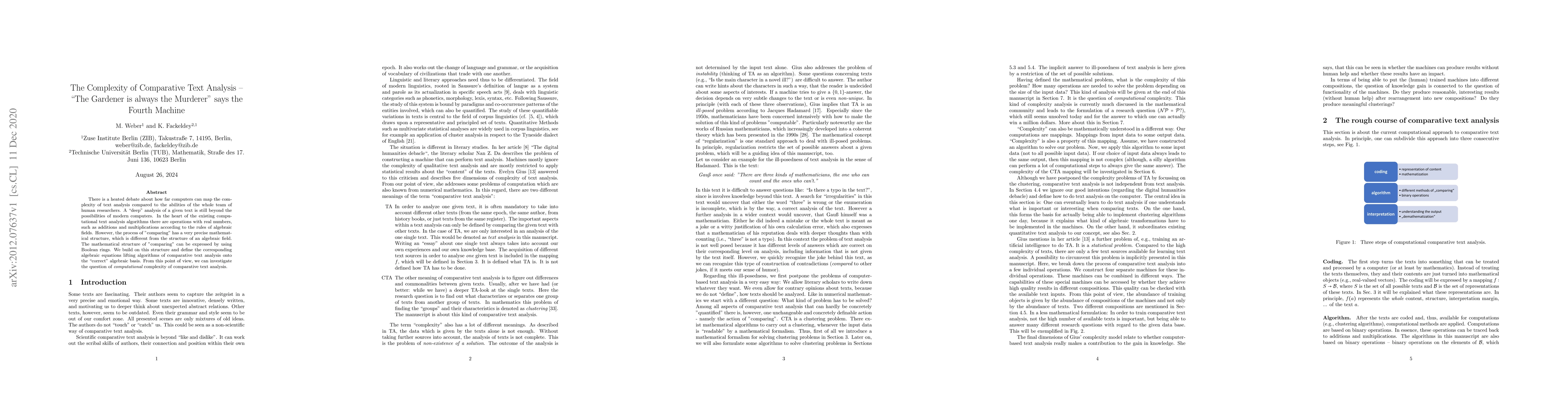 Thumbnail for The Complexity of Comparative Text Analysis -- "The Gardener is always
  the Murderer" says the Fourth Machine
