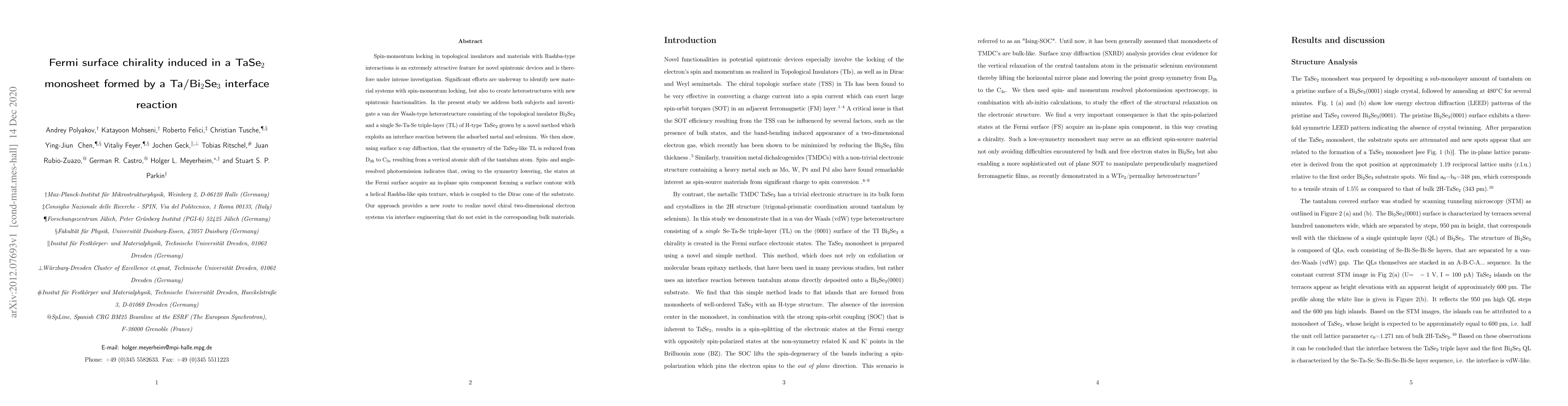 Thumbnail for Fermi surface chirality induced in a TaSe$_{2}$ monosheet formed by a
  Ta/ Bi$_{2}$Se$_{3}$ interface reaction