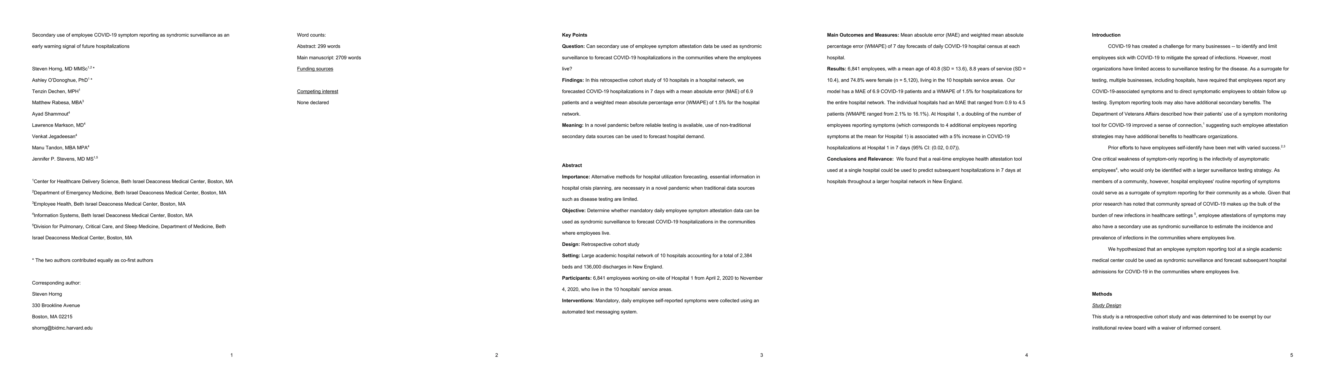 Thumbnail for Secondary Use of Employee COVID-19 Symptom Reporting as Syndromic
  Surveillance as an Early Warning Signal of Future Hospitalizations