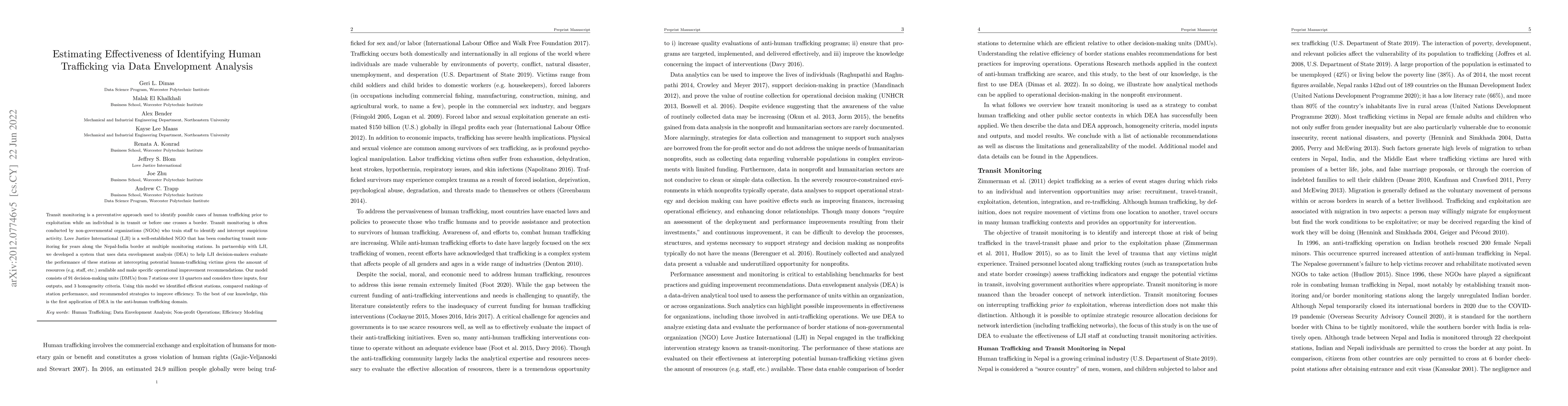 Thumbnail for Estimating Effectiveness of Identifying Human Trafficking via Data
  Envelopment Analysis