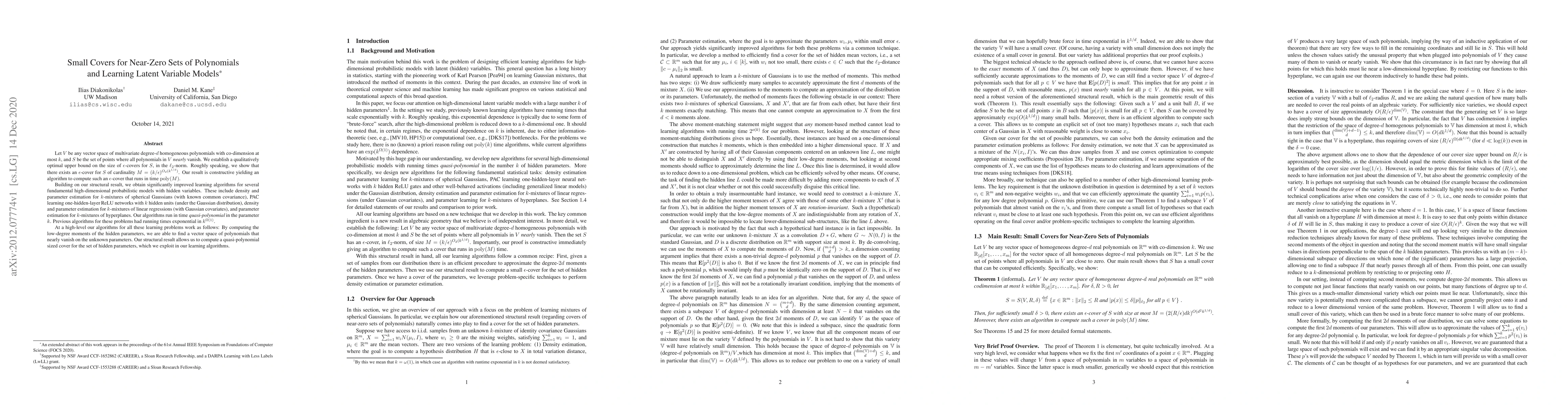 Thumbnail for Small Covers for Near-Zero Sets of Polynomials and Learning Latent
  Variable Models