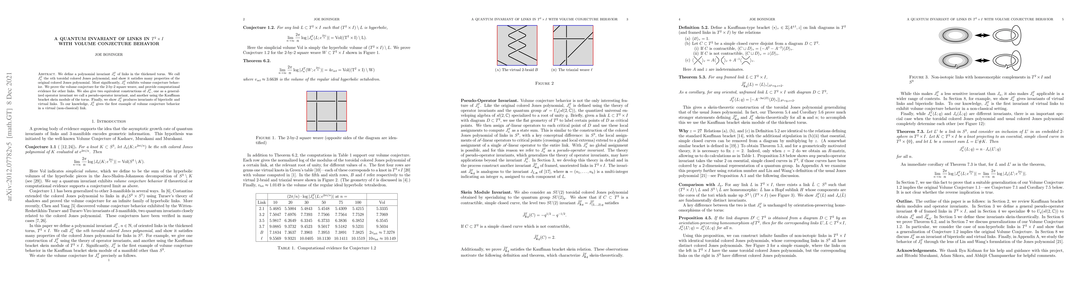 Thumbnail for A Quantum Invariant of Links in $T^2 \times I$ with Volume Conjecture
  Behavior