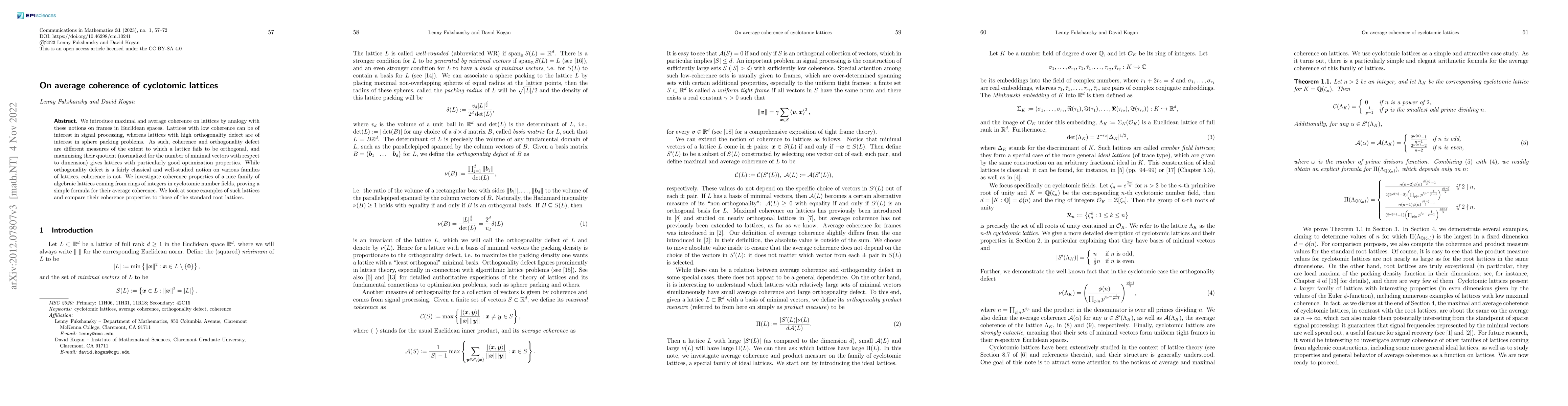 Thumbnail for On average coherence of cyclotomic lattices