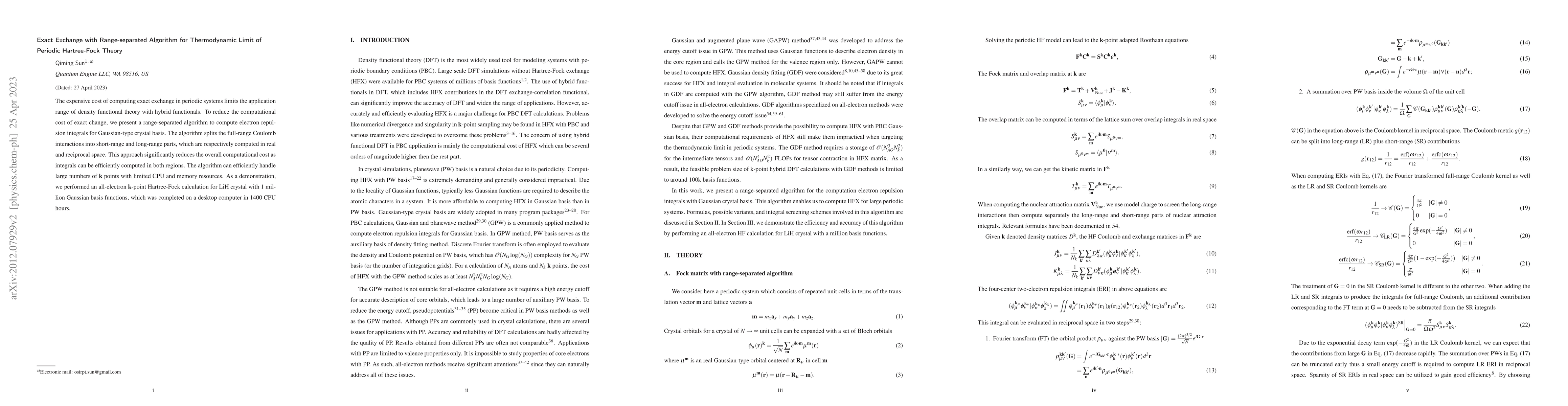 Thumbnail for Exact Exchange with Range-separated Algorithm for Thermodynamic Limit of
  Periodic Hartree-Fock Theory