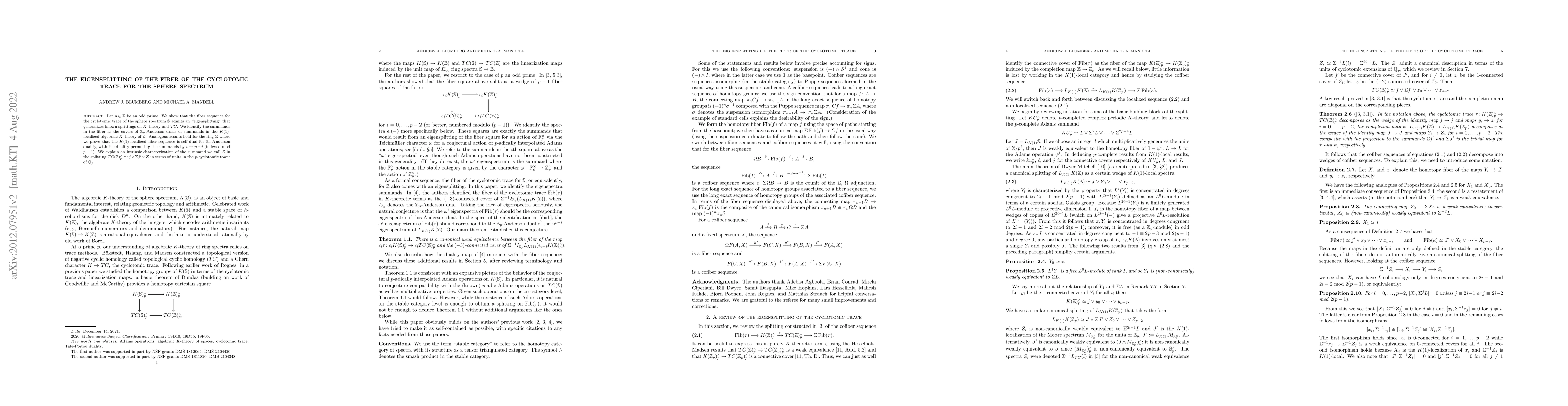 Thumbnail for The eigensplitting of the fiber of the cyclotomic trace for the sphere
  spectrum