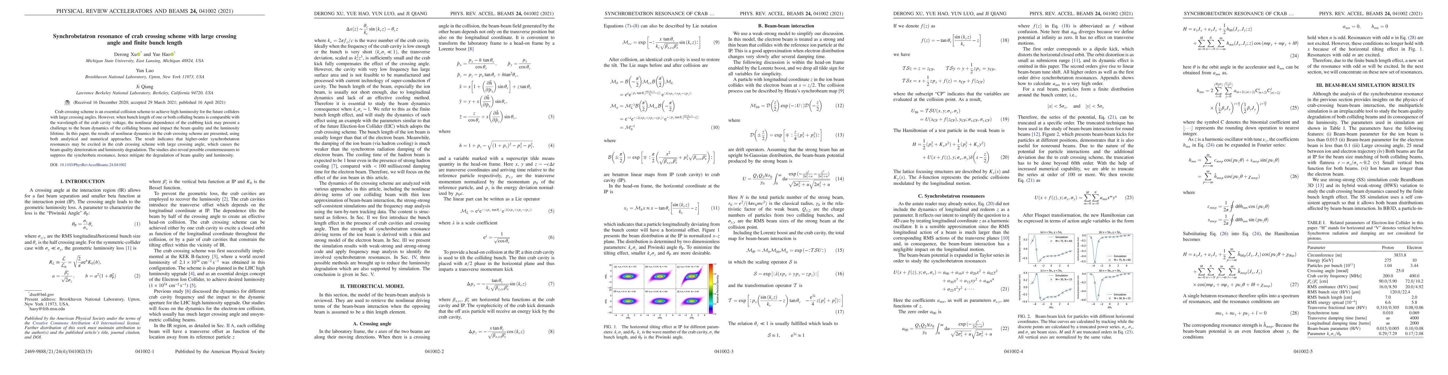 Thumbnail for Synchro-betatron Resonance of Crab Crossing Scheme with Large Crossing
  Angle and Finite Bunch Length