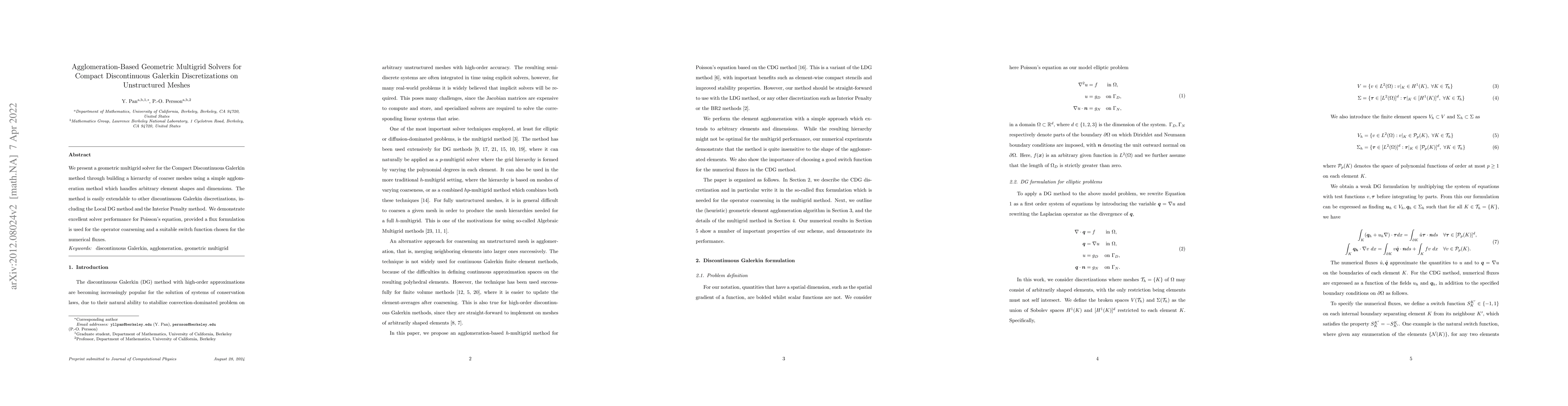 Thumbnail for Agglomeration-Based Geometric Multigrid Solvers for Compact
  Discontinuous Galerkin Discretizations on Unstructured Meshes