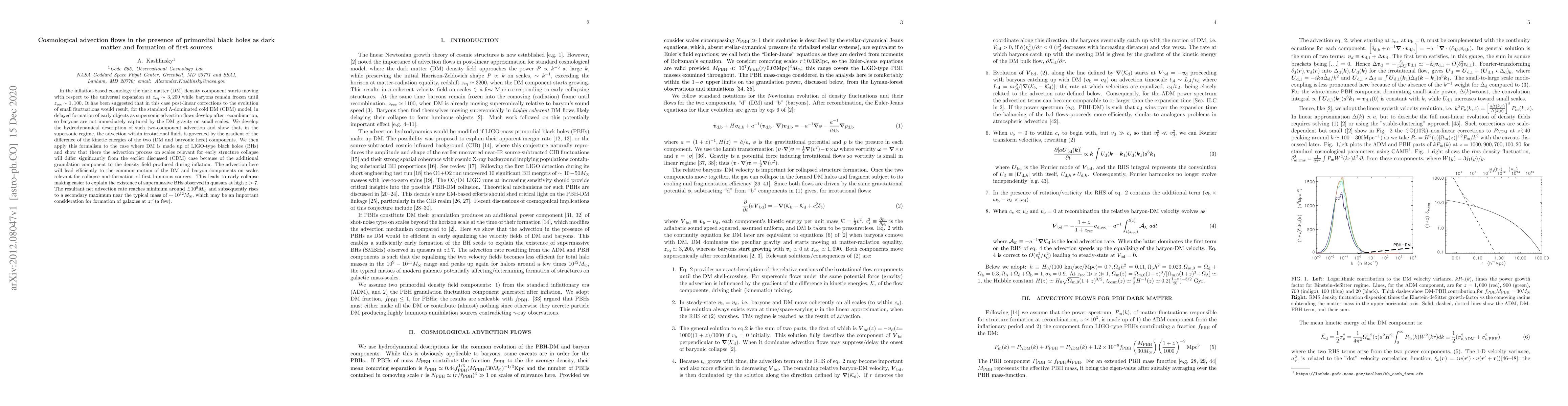 Thumbnail for Cosmological advection flows in the presence of primordial black holes
  as dark matter and formation of first sources