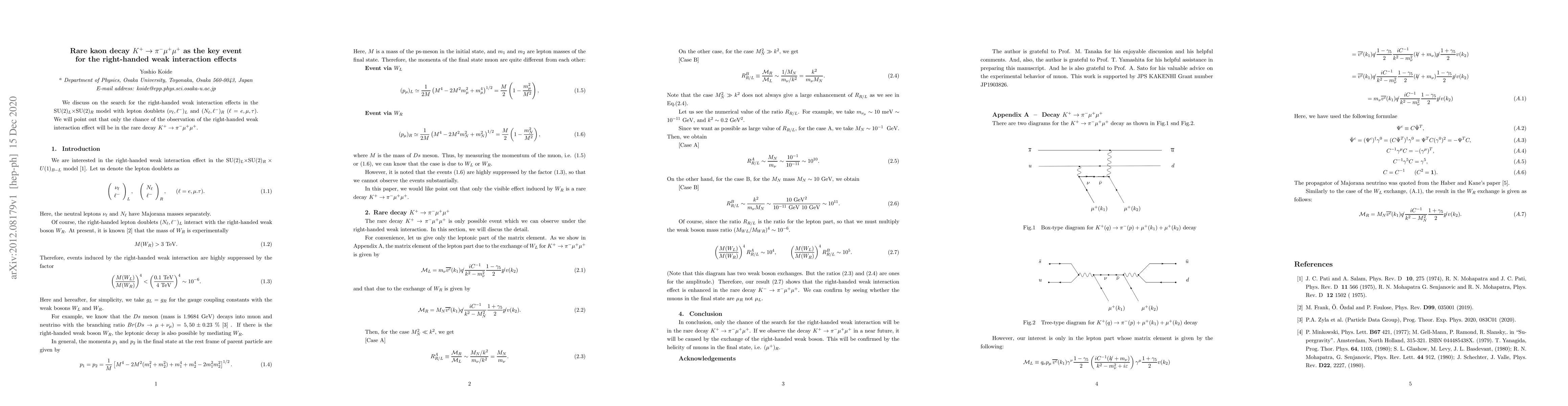 Thumbnail for Rare kaon decay $K^+ \rightarrow \pi^- \mu^+ \mu^+$ as the key event for
  the right-handed weak interaction effects