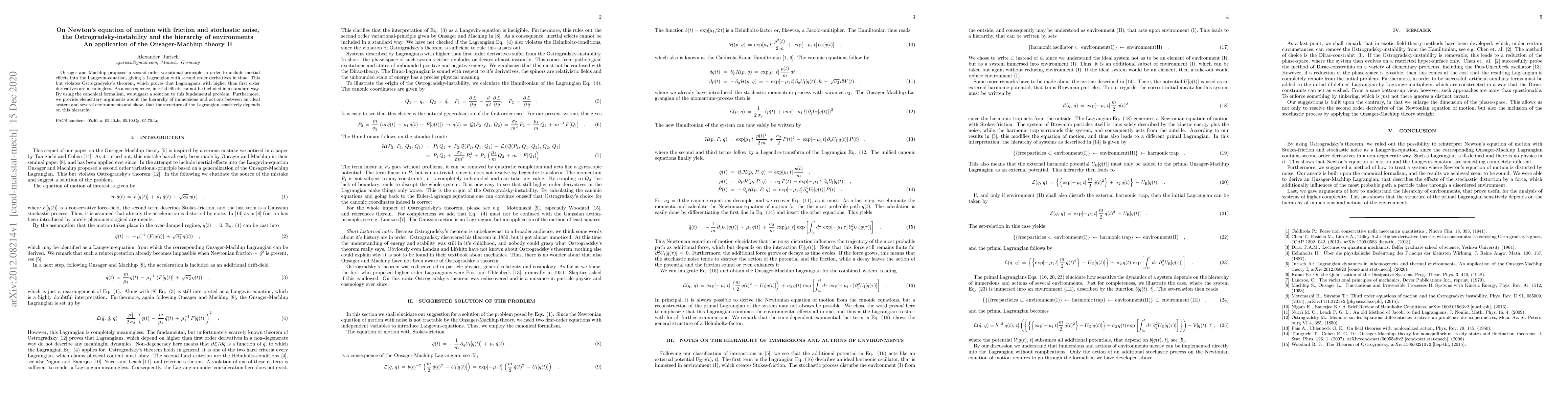 Thumbnail for On Newton's equation of motion with friction and stochastic noise, the
  Ostrogradsky-instability and the hierarchy of environments, An application of
  the Onsager-Machlup theory II