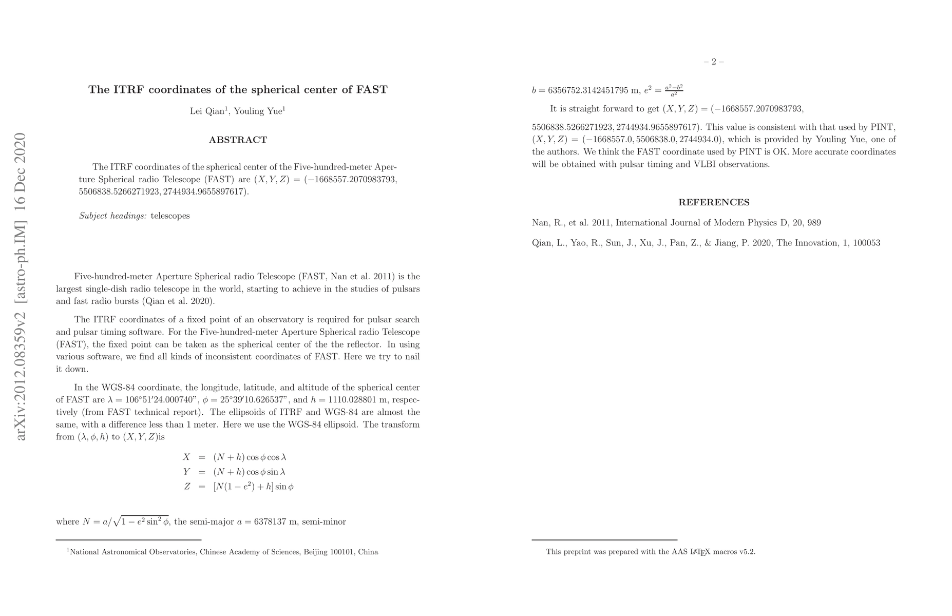 Thumbnail for The ITRF coordinates of the spherical center of FAST