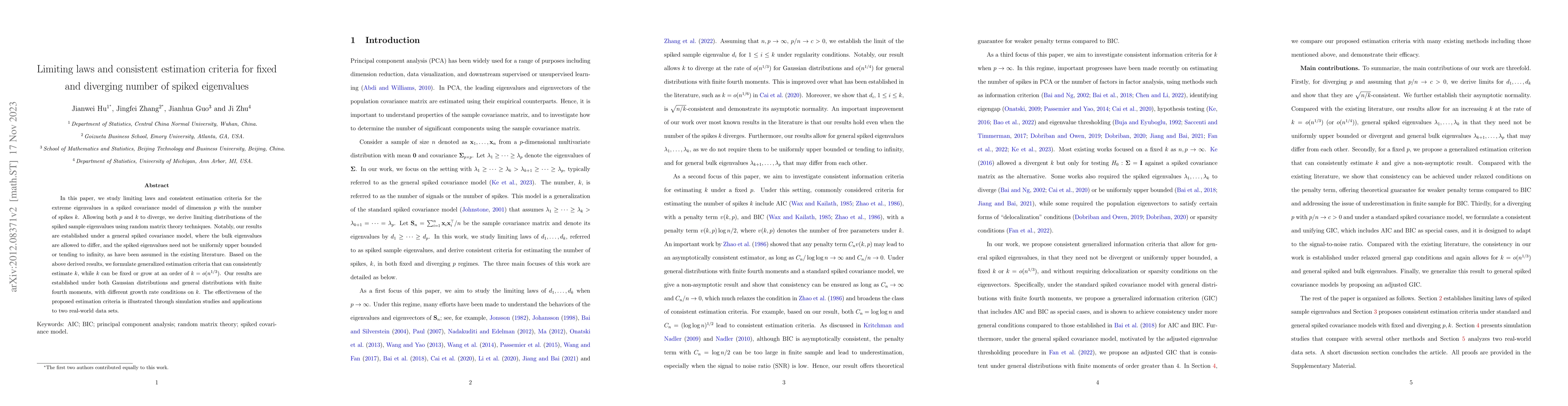 Thumbnail for Limiting laws and consistent estimation criteria for fixed and diverging
  number of spiked eigenvalues