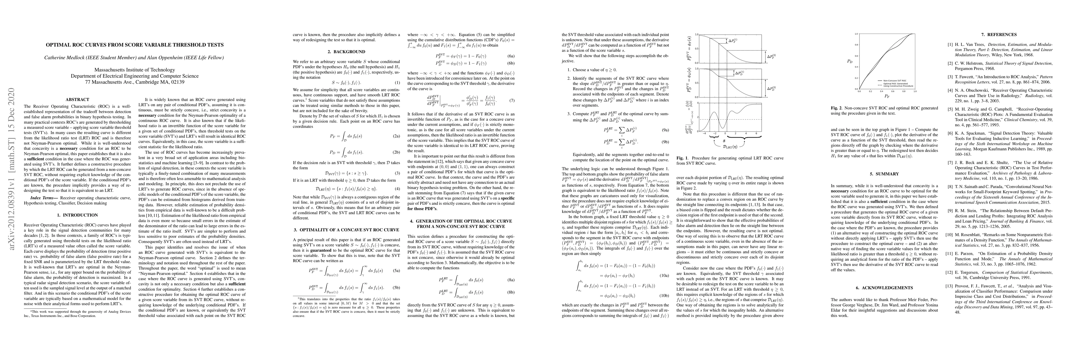 Thumbnail for Optimal ROC Curves from Score Variable Threshold Tests