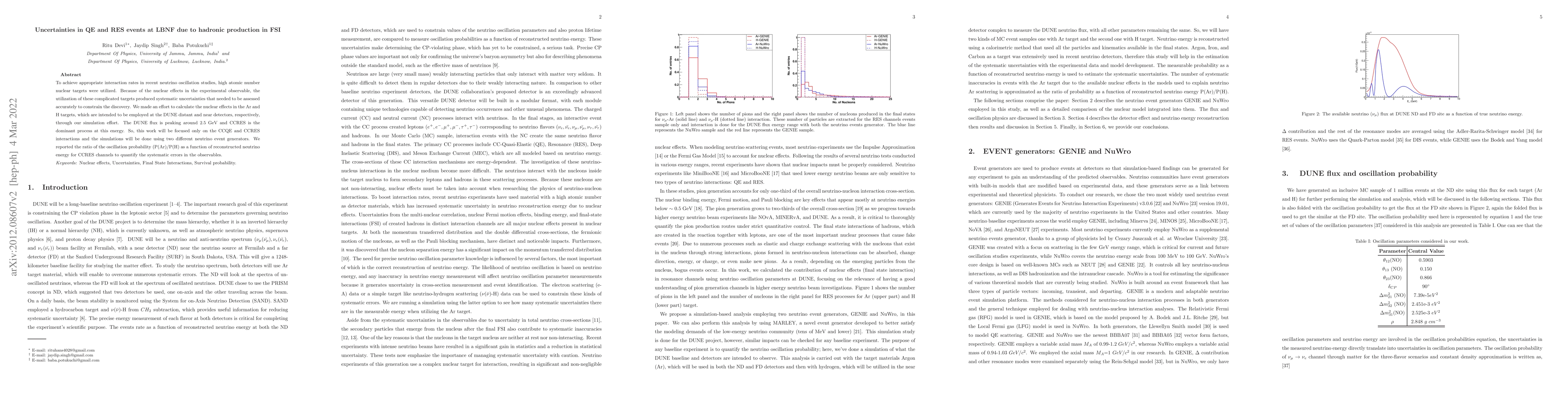 Thumbnail for Uncertainties in QE and RES events at LBNF due to hadronic production in
  FSI