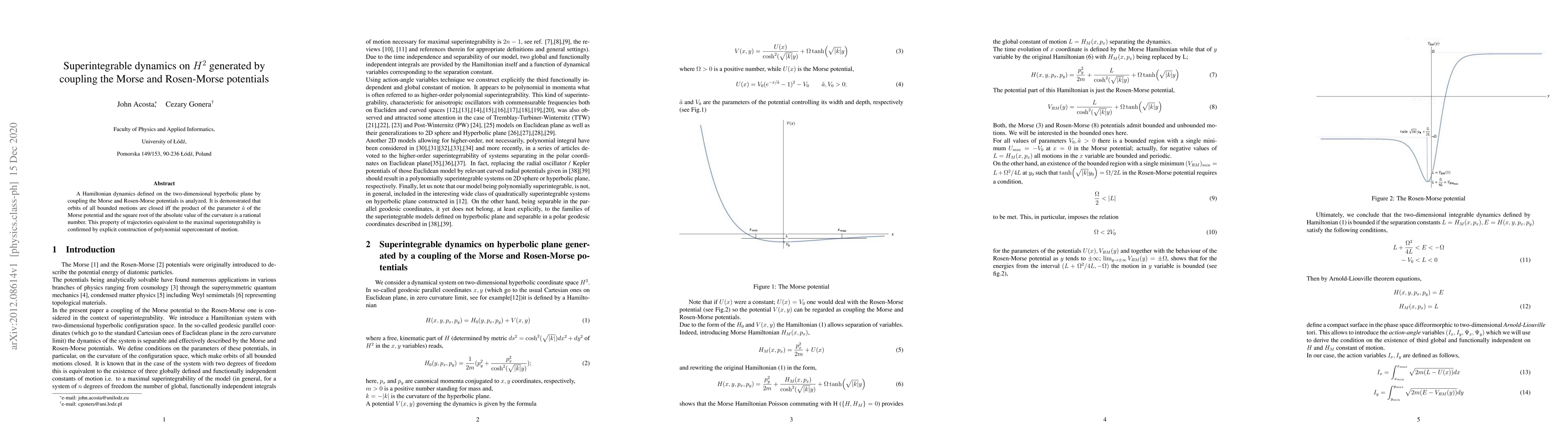 Thumbnail for Superintegrable dynamics on $H^2$ generated by coupling the Morse and
  Rosen-Morse potentials